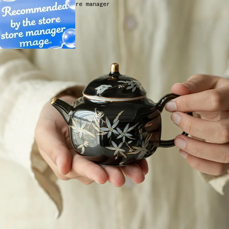 Chinese Retro Tea Pot with Black Gold Glaze Apricot Blossom with Filter Octagonal Tea Set Ceramic Tea Maker